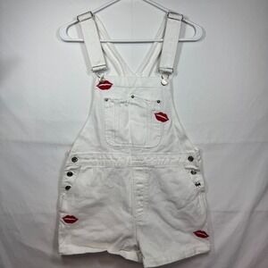 Forever 21 White Denim Overall Shorts Red Lips Embroidered Women's Sz S/M No Tag
